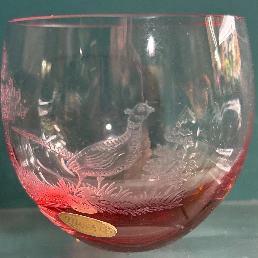 Vintage Moser‎ etched birds bohemian Czech crystal bar glasses